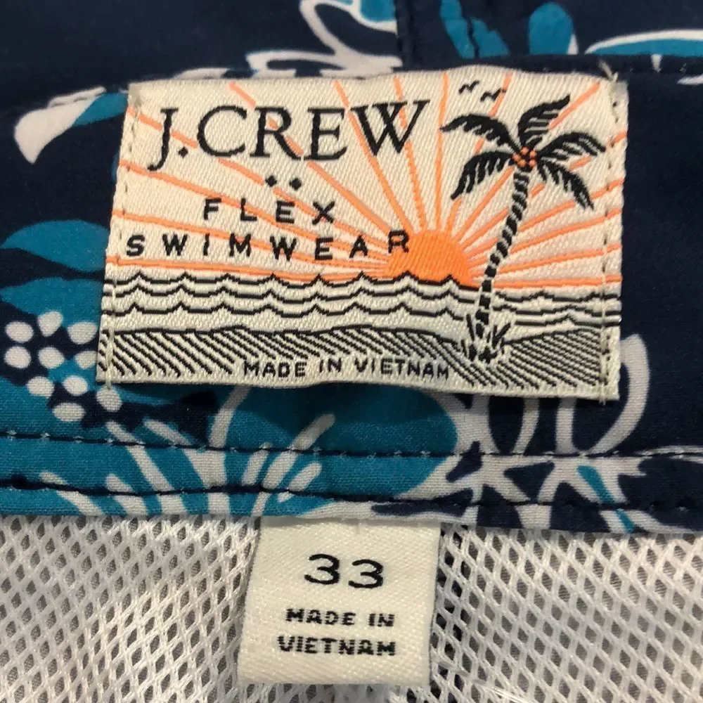 J.Crew Mens Lined Swim Trunks Hawaiian Navy Turquoise Sz 33 NWT